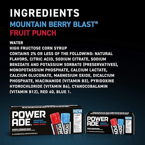 POWERADE SPORTS FREEZER BARS, GIANT SIZED 5.5 OZ REFRESHING ICE POPS WITH ELECTROLYTES B VITAMINS – NATURALLY FLAVORED, MOUNTAIN BERRY BLAST AND FRUIT PUNCH, 45 TOTAL FREEZER BARS