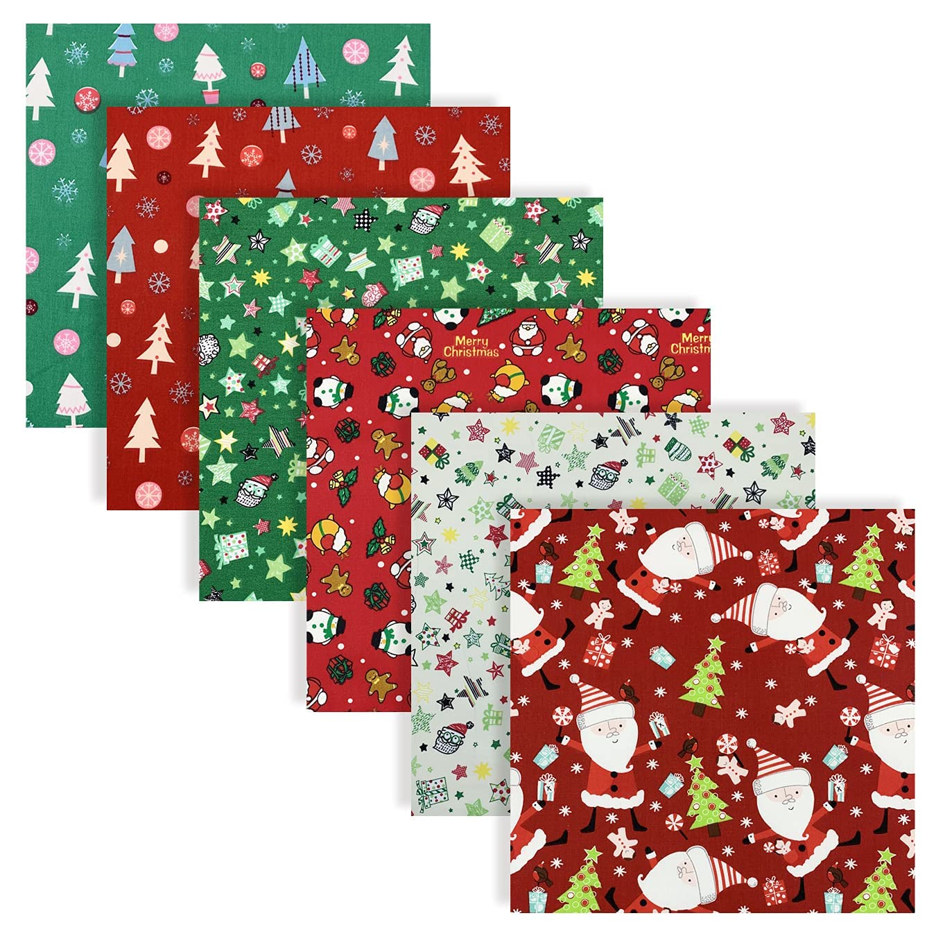 UOOOM 6pcs Christmas Fabric 50 x 50cm Patchwork Cotton Fabric Squares DIY Handmade Sewing Quilting Different Designs (Red Green)