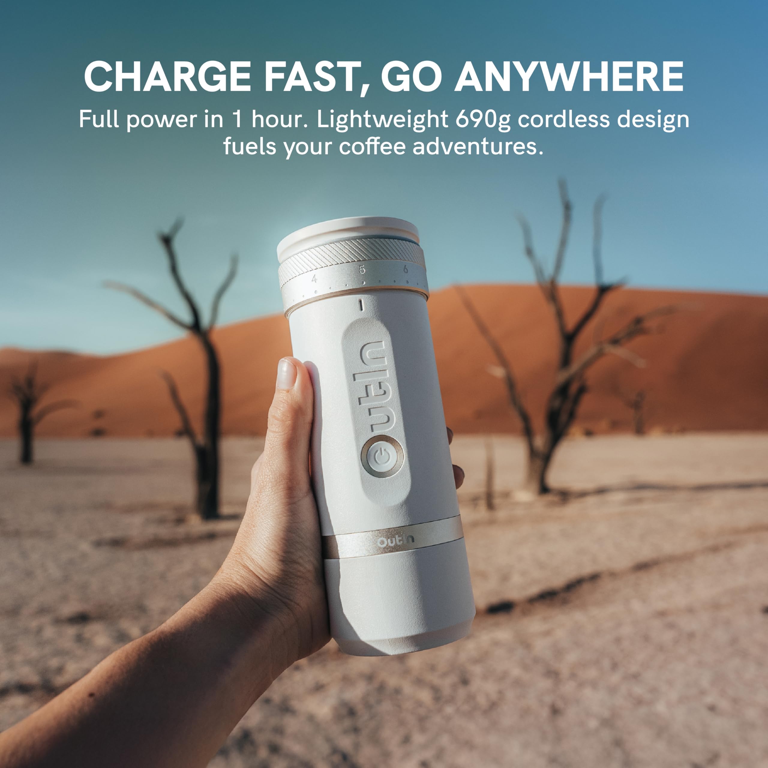 OutIn Fino Tragbare Elektrische Kaffeemühle Kegelmahlwerk - 28 Externe Mahlstufen, 7-Stern-Edelstahlkonus & Ein-Knopf-Bedienung, Kompakte Kaffeemühle Espresso mit Schnellladung, für Reise & Haushalt 7