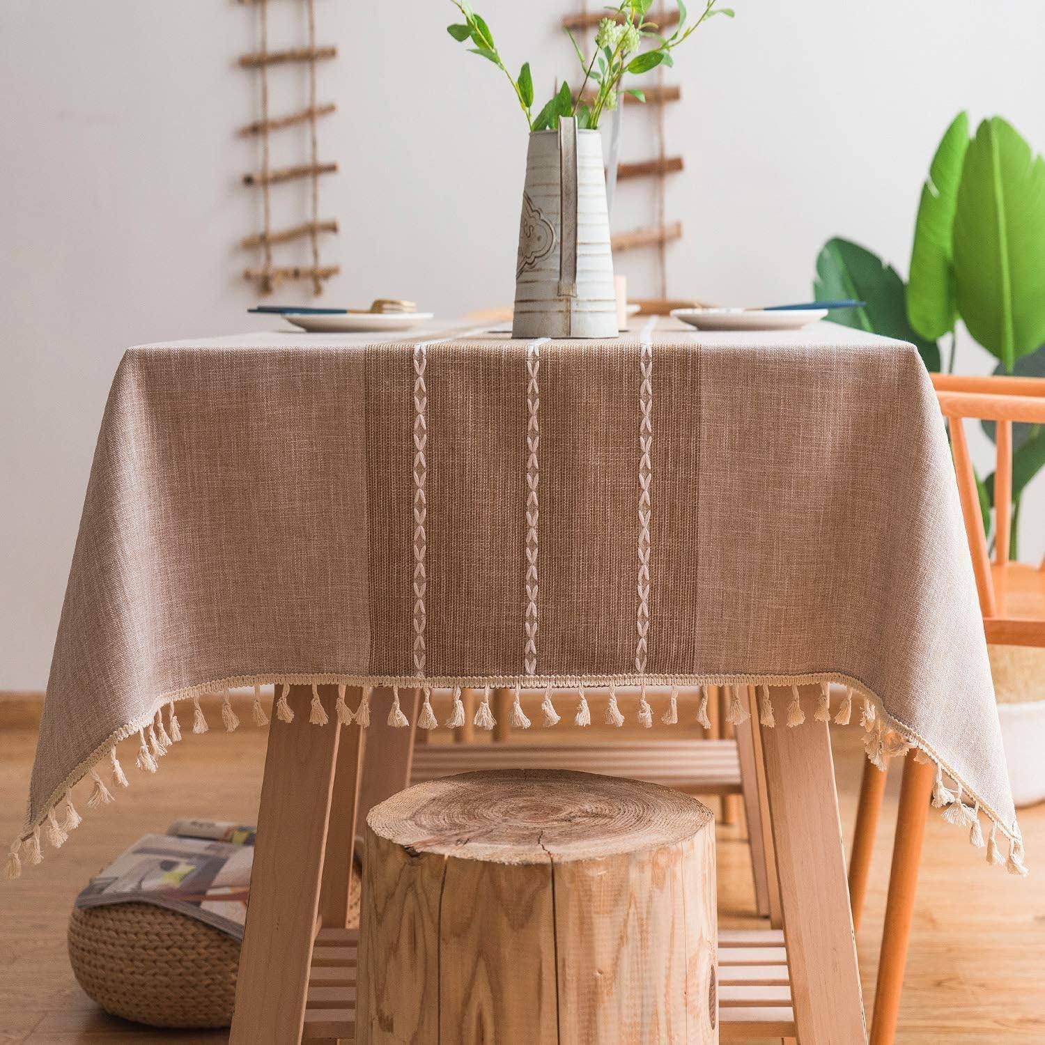 Mokani Washable Cotton Linen Stitching Tassel Design Tablecloth, Rectangle Table Cover Great for Kitchen Dinning Tabletop Buffet Decoration (55 x 70 Inch, Gray): Kitchen & Dining