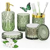 QIQU Green Glass Bathroom Accessories Set 5 Pcs, Green Bathroom Set, Soap Dispenser and Toothbrush Holder Set, Qtip Holder Set, Vintage Bathroom Sink Set, Cute Bathroom Decor
