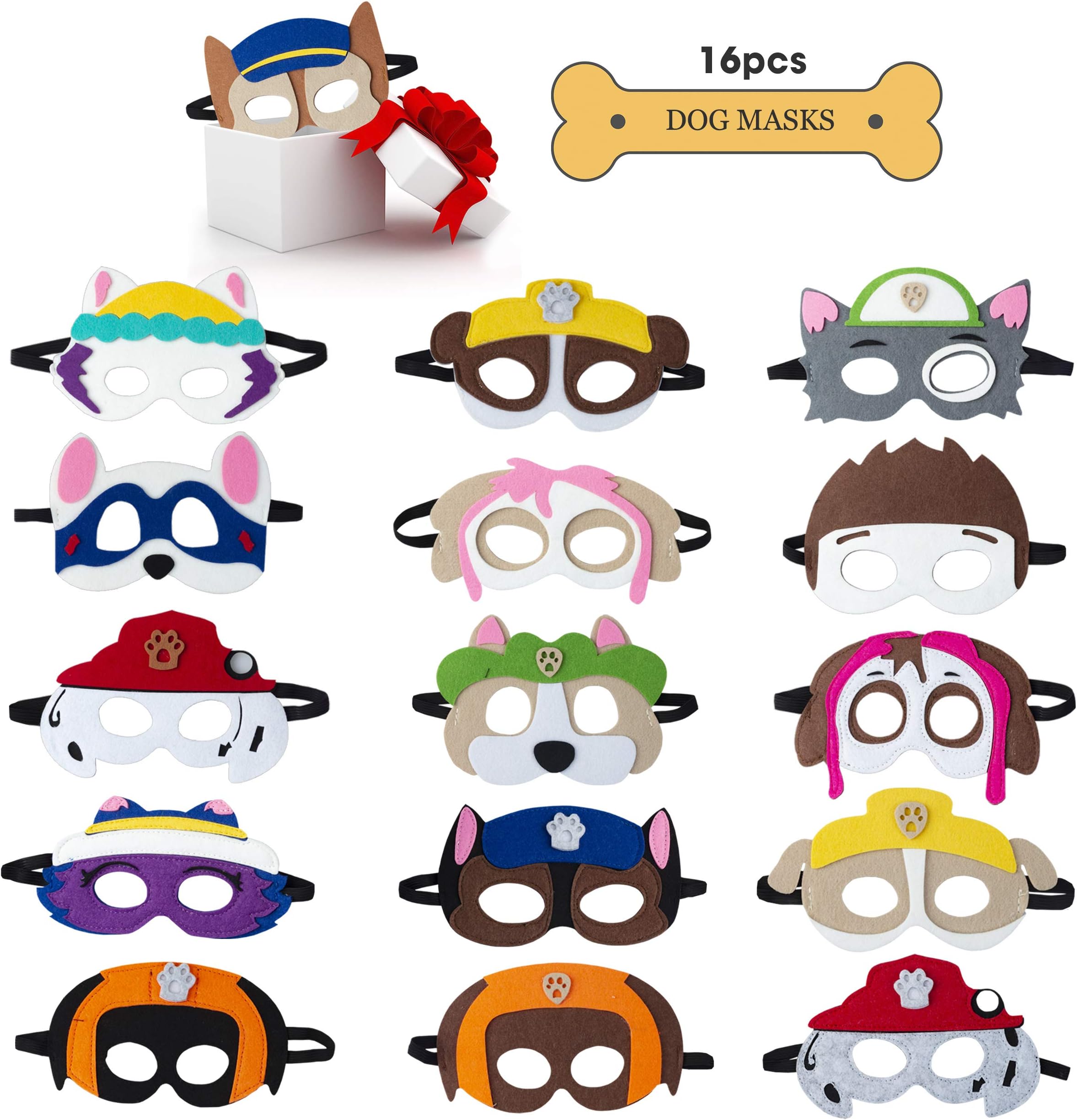 Dog Masks Party Favors for Kid (16 Packs) Felt and Elastic - Birthday Party Supplies with 16 Different Types Puppy Masks Perfect for Children