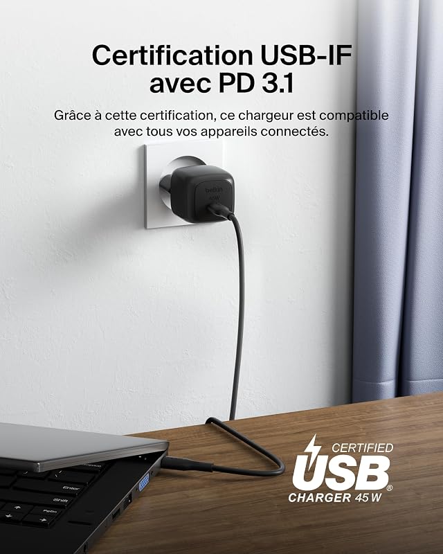 BoostCharge Chargeur Secteur Compact 45 W, USB-C PD, Recharge Rapide, pour Tous Les modèles de l'iPhone 17, iPhone 16, iPhone 15, Samsung Galaxy, Google Pixel, iPad, AirPods, etc. - Noir