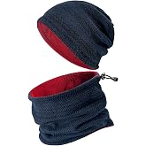 Mens Beanie Hat Scarf Set Women Ski Fleece Lined Skull Cap Neck Gaiter Warmer Face Knit Scarf
