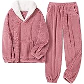 Girls Fuzzy Pants Set Fleece Outfits Winter Flannel Lapel Pullover Sweatshirt 2 Piece Sets for Kids 6-14 Years
