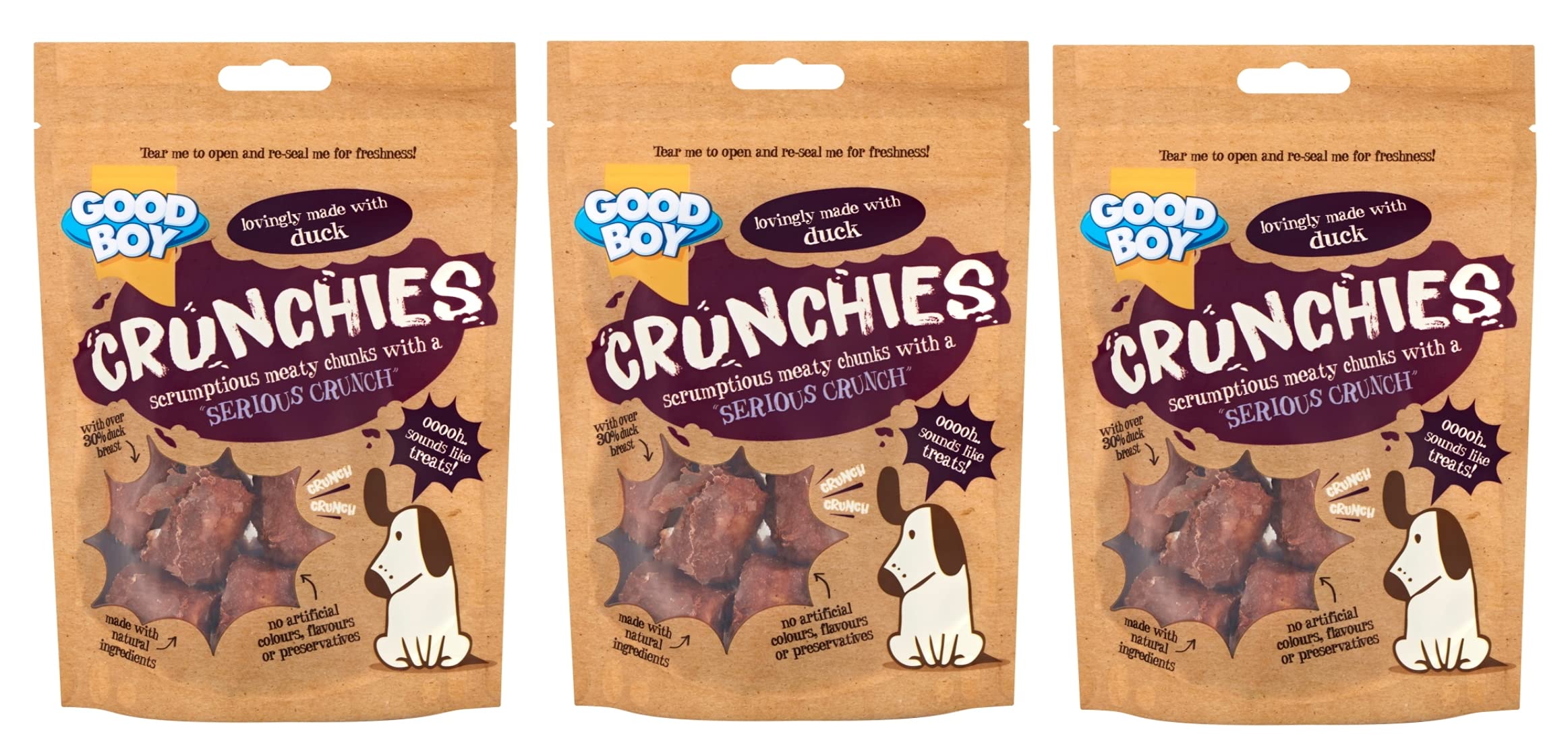 GOODBOY CRUNCHIES 'SERIOUS CRUNCH' NATURAL MEATY CHUNKS DOG CHEW TREATS 60G, CHICKEN, DUCK (Duck, PACK OF 3)
