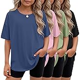 Langyiwee 4 Pack Girls Oversized Shirts Teen Short Sleeve Crew Neck Tops Kids Summer Trendy Loose Fit Shirts 5-14 Years