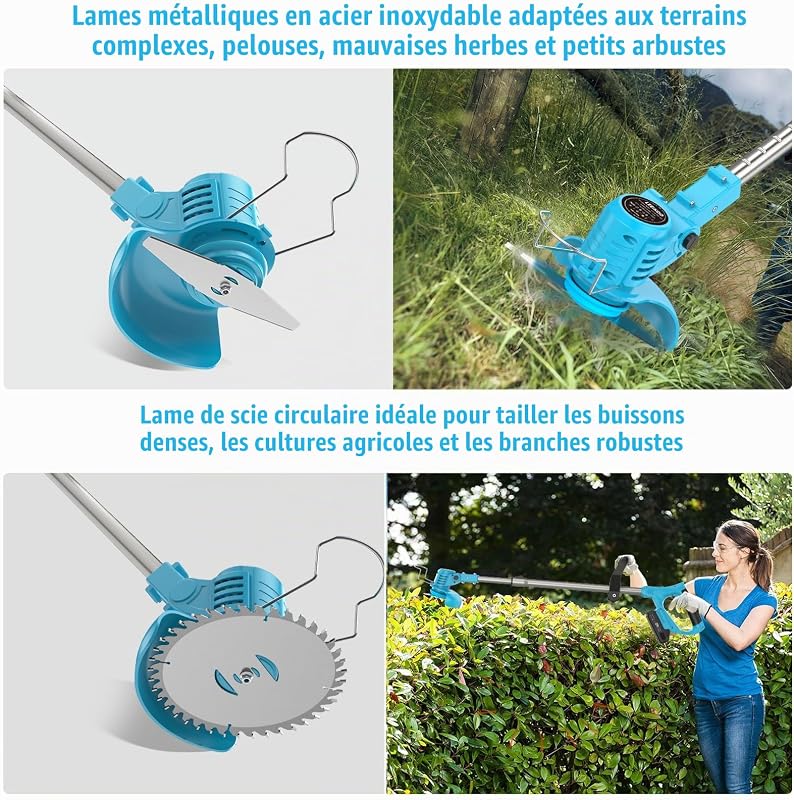 Débroussailleuse Electrique sans Fil 21V, Coupe Bordure sans Fil avec 2 Batteries 2.0Ah, 2 Types de Metal Lames Débroussailleuse Batterie, Sécateur de Jardin, Poignée Réglable pour Élagage (Bleu)