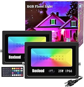 Boxlood 25W RGB LED Flood Lights Outdoor Indoor Color Changing Floodlights Dimmable Timing Remote Control IP66 Waterproof Halloween Christmas Party Garden Stage Decoration Landscape Spotlights 2Pack
