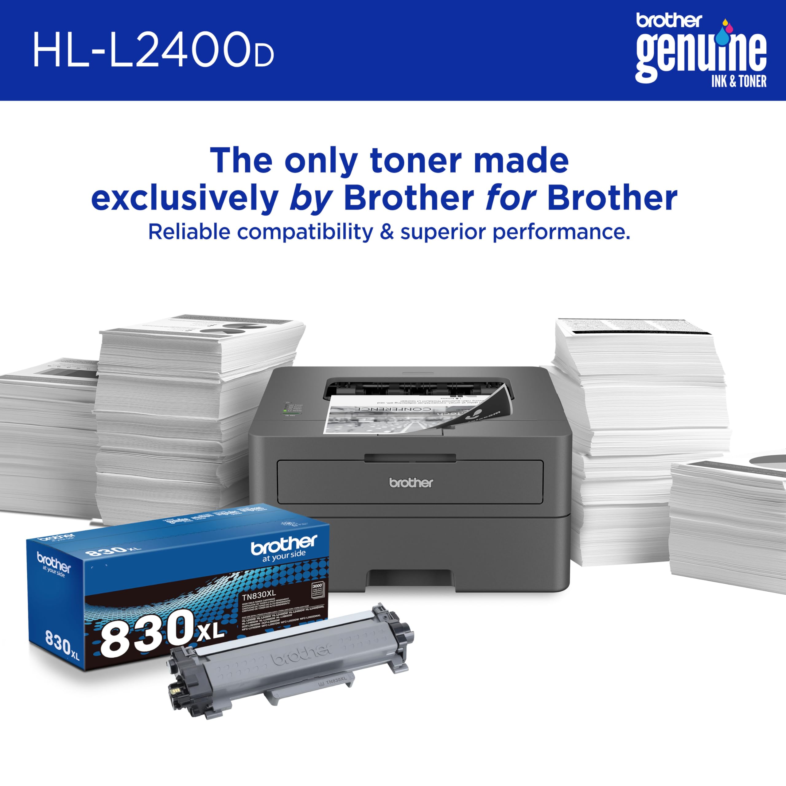 Brother Monochrome Laser Printer with 32 PPM Speed and Automatic 2-Sided Printing for Home Office, Fast Black and White Output, Compact Design with 250-Sheet Capacity (HL-L2400D)