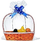 50 Packs Large Cellophane Bags 24 x 30 Clear Cellophane Gift Basket Wraps Extra-large 2.3 Mil Thick Transparent Cello Bags for Fruit Basket, Gift Wrap, Treats, Arts and Crafts, 50ct Ribbon Bows Blue