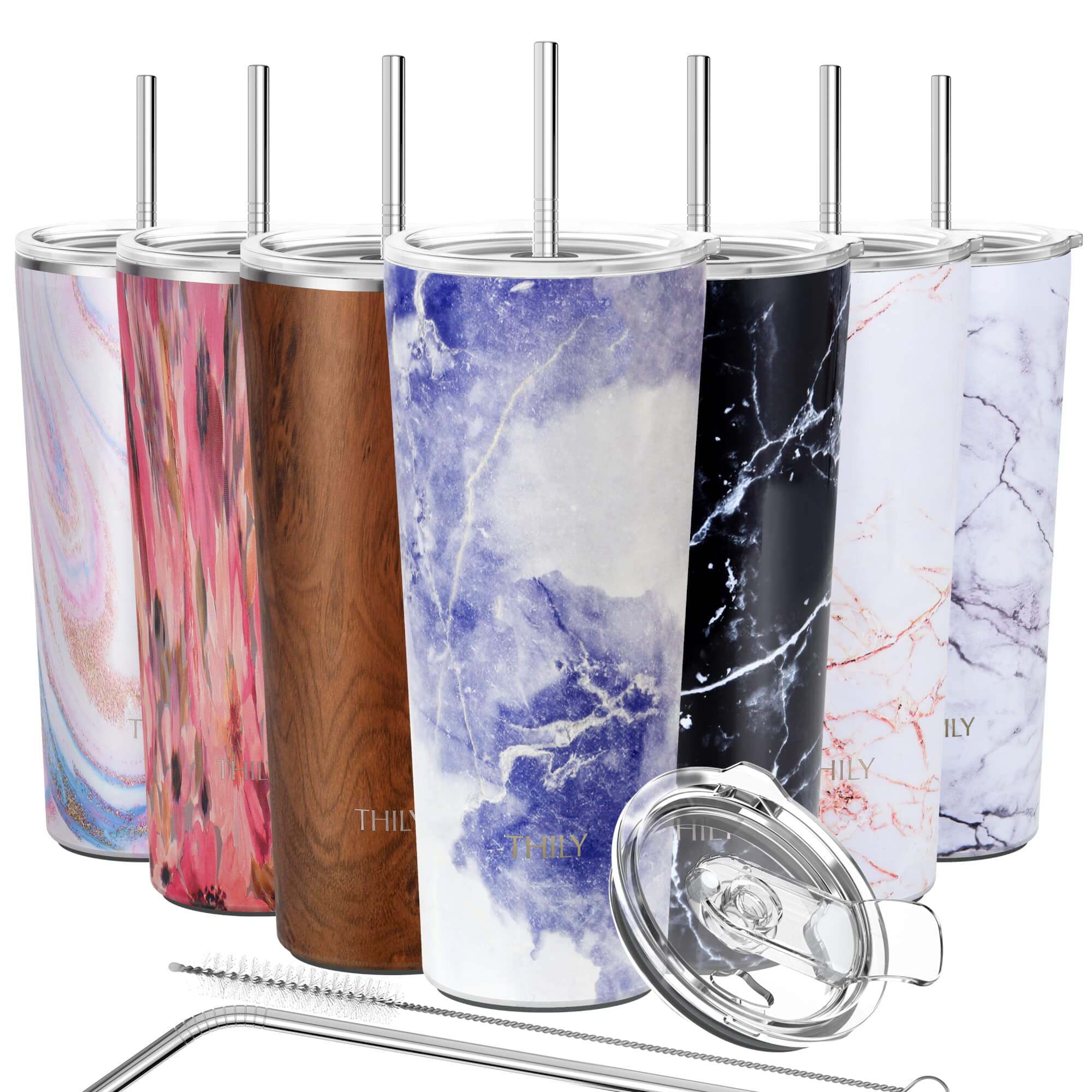 THILY Stainless Steel Vacuum Insulated Tumbler Travel Mug 780 ml Coffee Cup with 2 Lids and Straws, Splash Proof, Keep Ice Drinks Cold, Blue Marble