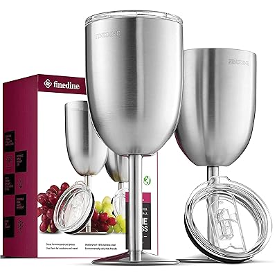 FineDine Premium Grade 18/8 Stainless Steel Wineglasses 12 Oz. Double-Walled Insulated Unbreakable Goblets (Set of 2) Stemmed Wineglass BPA-Free Leak-Resistant Lid for Red White Wine, Brushed Metal