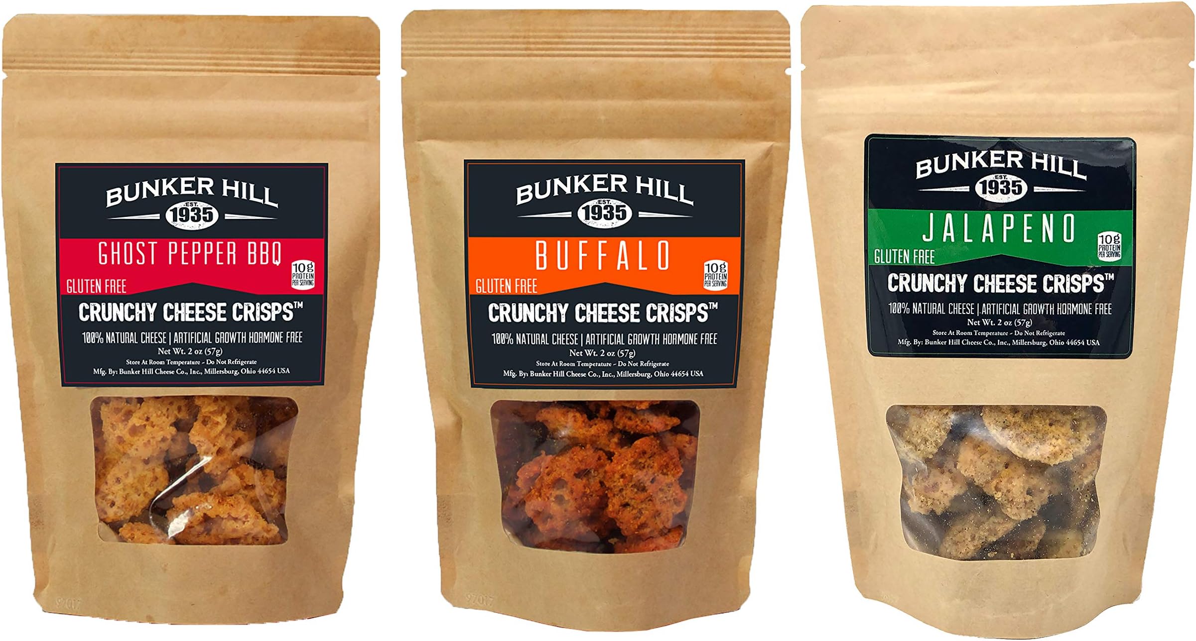 Bunker Hill Crunchy Cheese Crisps Snacks 100% Cheese High Protein, Gluten Free, Low Carb, Variety Pack 2 Ounce Bag - Jalapeno, Ghost Pepper BBQ, and Buffalo (Pack of 3) (Spicy)