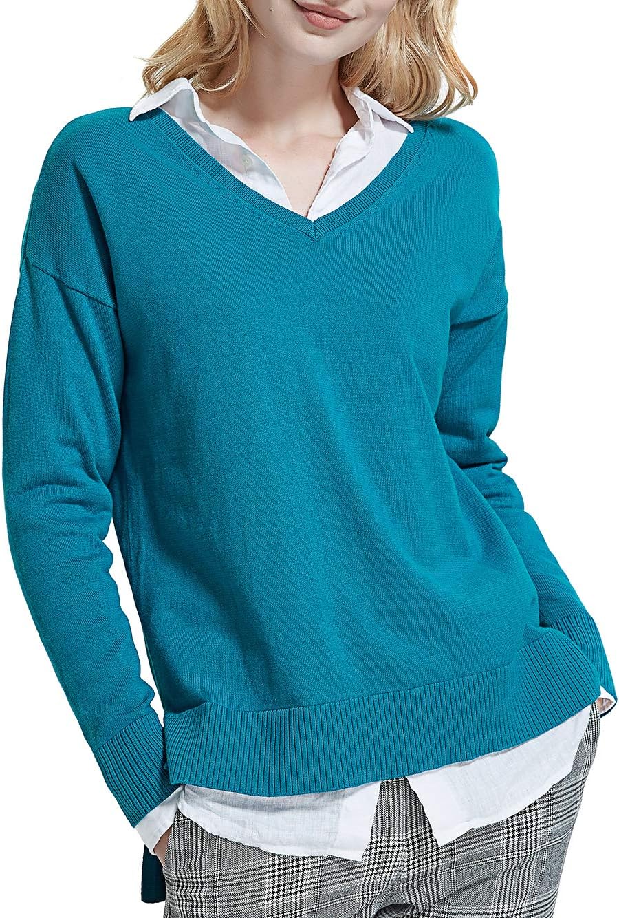 Cotton Pullover Sweaters for Women with High Low Hem Side Slit Cut, Long Sleeve V-Neck Sweatshirt