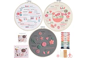 Picoey 3 Sets Starter Embroiedry Kit for Beginners,Embroidery Stitches Practice Kit,Needlepoint Kits for Adults,Includes Stamped Flower Pattern, Hoop, Color Threads,Tools,Easy to Follow Instruction