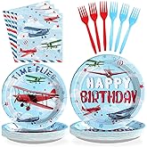 96Pcs Airplane Birthday Party Decorations Red & Blue Airplane Aircraft Plates and Napkins Tableware Set How Time Flies Birthday Decorations for Boys Baby Shower Pilot Plane Party Supplies Serve 24
