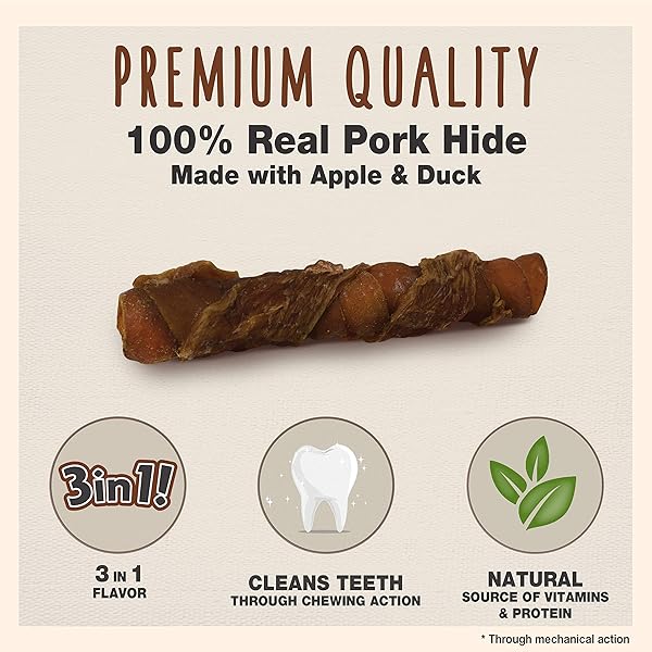 CADET GOURMET TRIPLE CHEWS LONG-LASTING PORK HIDE STICKS WITH APPLE AND DUCK, HEALTHY DOG TREATS FOR SMALL & LARGE DOGS, 6 COUNT