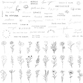 TATUWST Realistic Temporary Tattoos - 60 Sheets Tiny Small Removable Tattoos, 30 Pcs Inspirational Quotes Words Tattoos, 30 Pcs Wild Flower Ink Line Botanical Floral Leaf Tattoo Stickers for Women