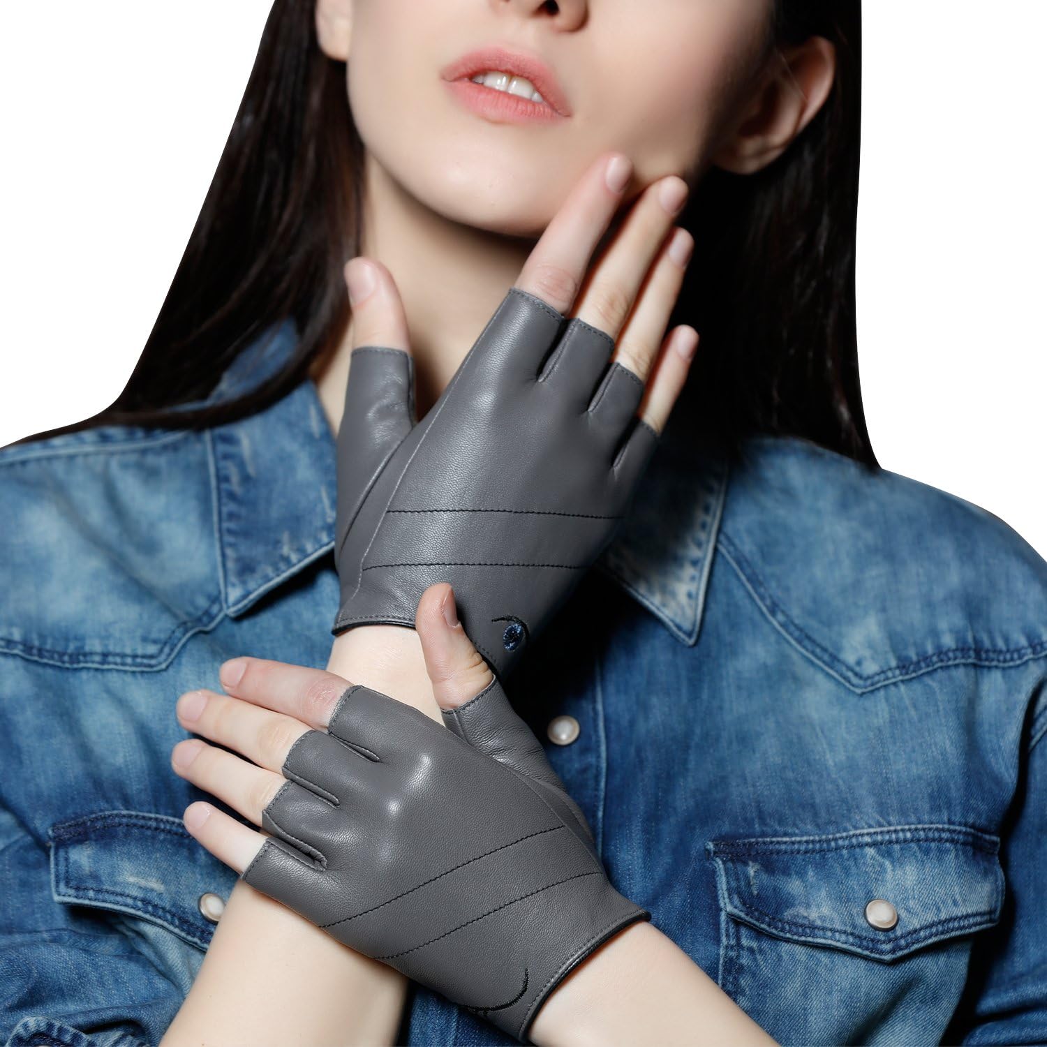 Fioretto Women Driving Leather Gloves Winter Fingerless Half Gloves Motorcycle