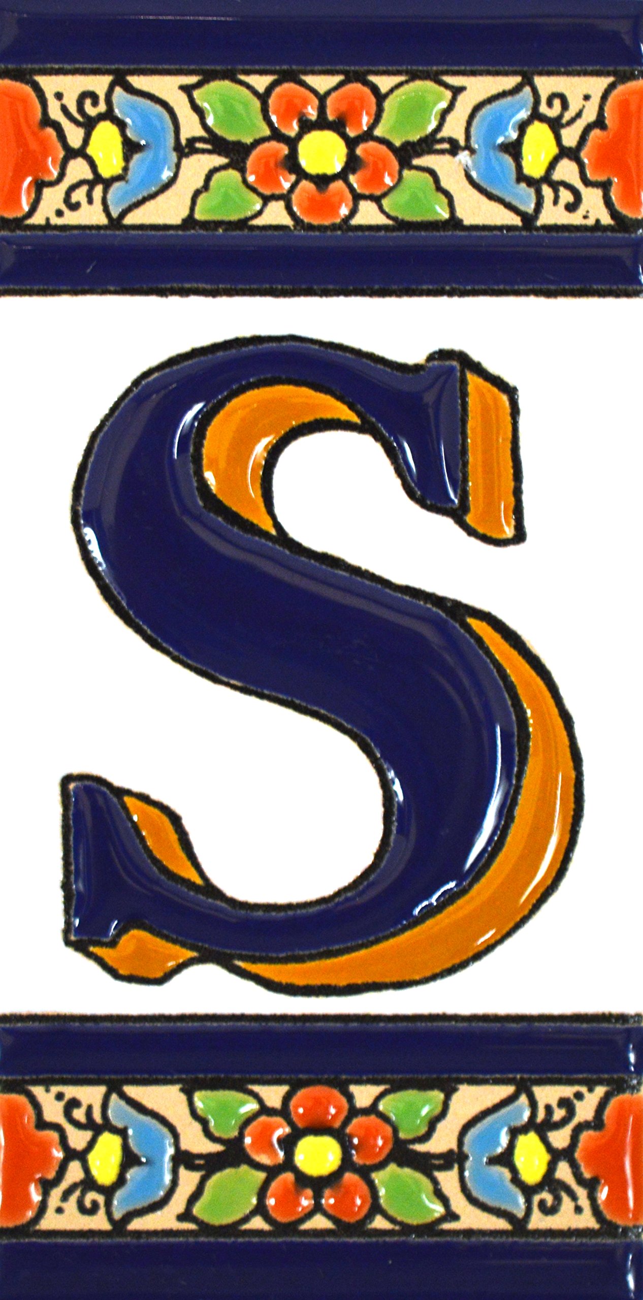 House letters 4 inch. Handpainted house letter tiles for signs, addresses and names. Address numbers for houses. House address numbers and letters. Design FLORES MEDIANO 4,29" x 2,13" (LETTER S) — image 1