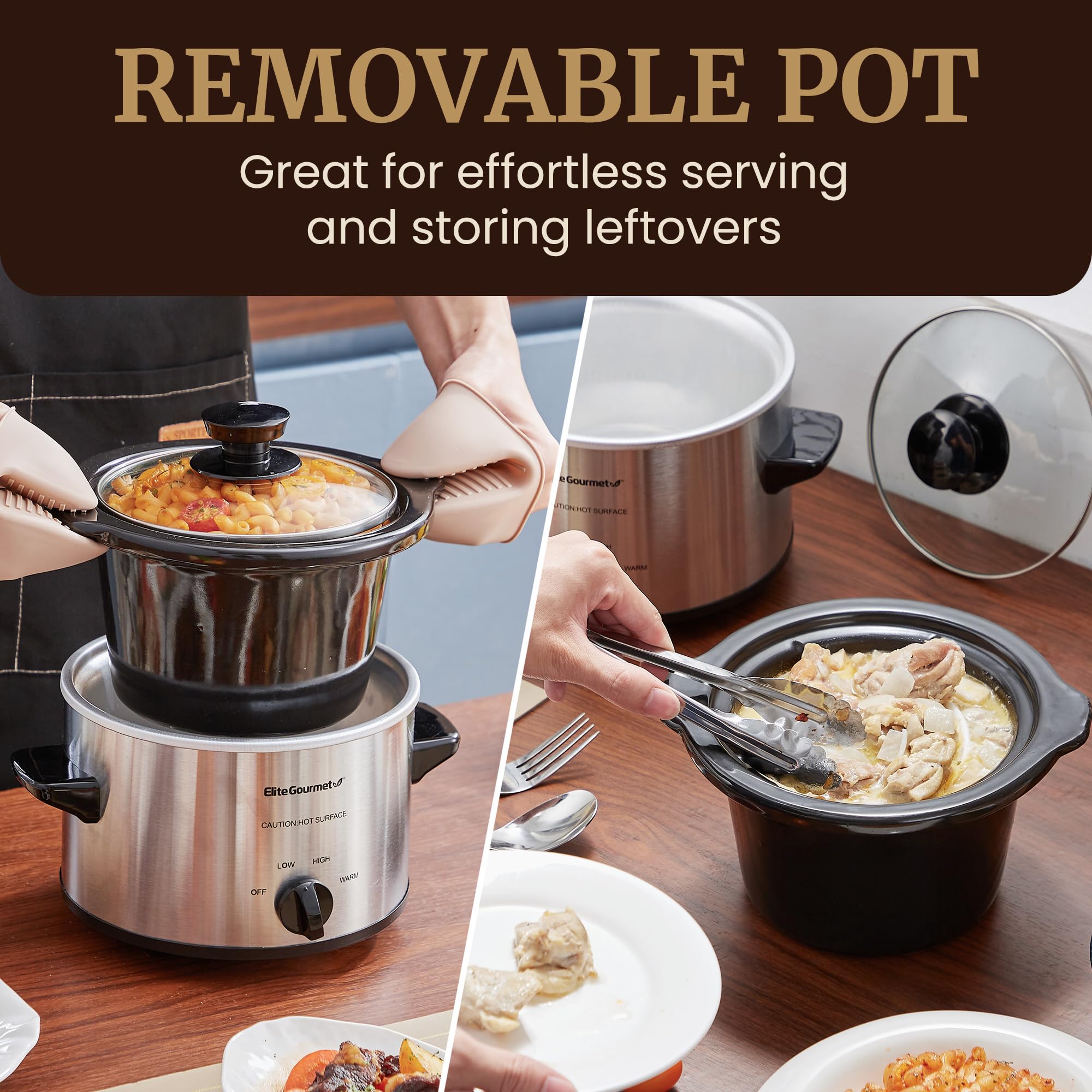 Elite Gourmet MST-250XS Electric Slow Cooker Ceramic Pot, Adjustable Temp, Entrees, Sauces, Stews & Dips, Dishwasher Safe Glass Lid & Crock, 1.5 Quart, Stainless Steel