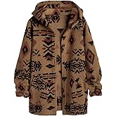 SELINK Womens Aztec Print Fleece Hoodie Jacket Button Down Shacket Casual Sherpa Coats Warm Outwear with Pockets
