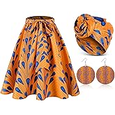 3 Pcs Women African Dashiki Skirt Traditional Costume African Bohemian Head Wrap Scarf Drop Dangle Earring (X-Large)