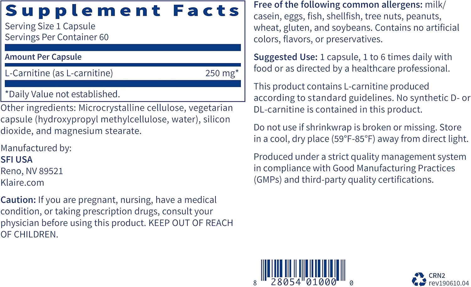 Klaire Labs L-Carnitine - 250 Milligrams 100% Pure USP Form to Support Cardiovascular Function & Energy Demands, Hypoallergenic with No D-Carnitine (60 Capsules) [Packaging May Vary]: Health & Personal Care