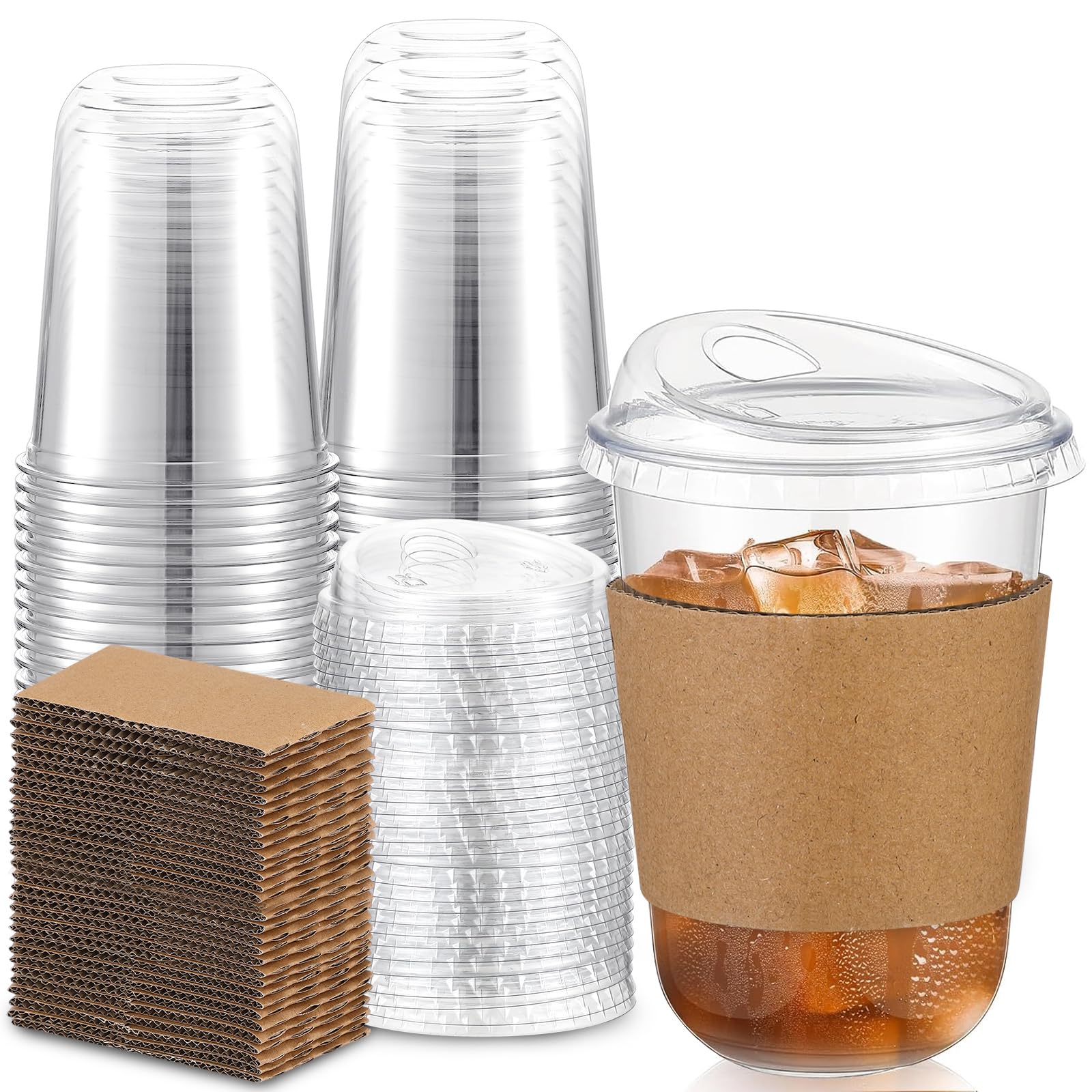 Photo 1 of Baderke 50 Sets Clear Plastic Coffee Cups with Sip Lids and Cup Sleeve, Disposable Clear Pet Cups for Iced Coffee Cold Beverage, Shops and Party Catering (16 oz)
