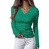 ANRABESS Womens Long Sleeve Cable Knit Sweater 2025 Fall Fashion V Neck Fitted Pullover Top Business Casual Work Fall Outfits