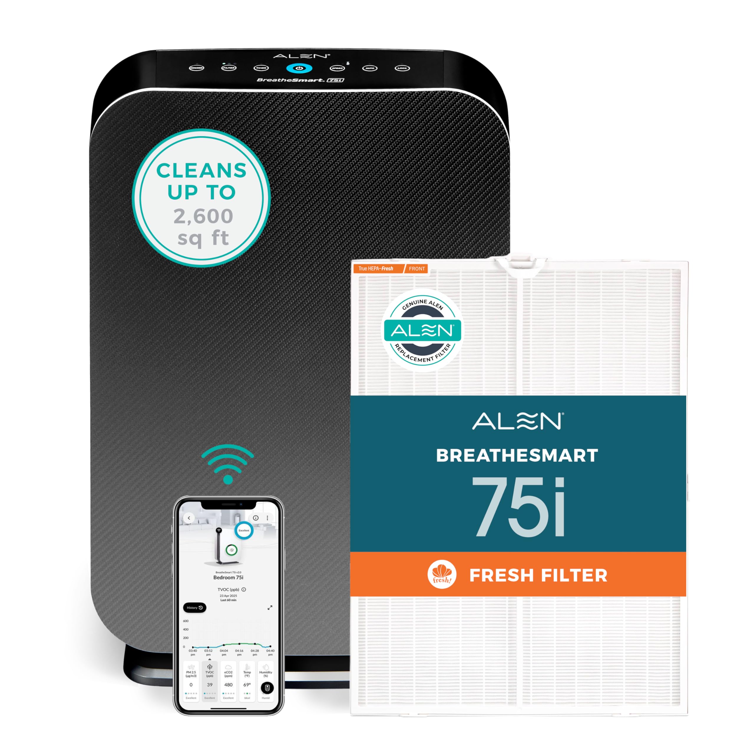 Alen Air Purifier BreatheSmart 75i HEPA with Fresh Filter + Carbon for Large Rooms up to 2800 Sq. Ft - Perfect for Living Room & Kitchen - Captures Dust + Household Odors & Smoke - Graphite Image