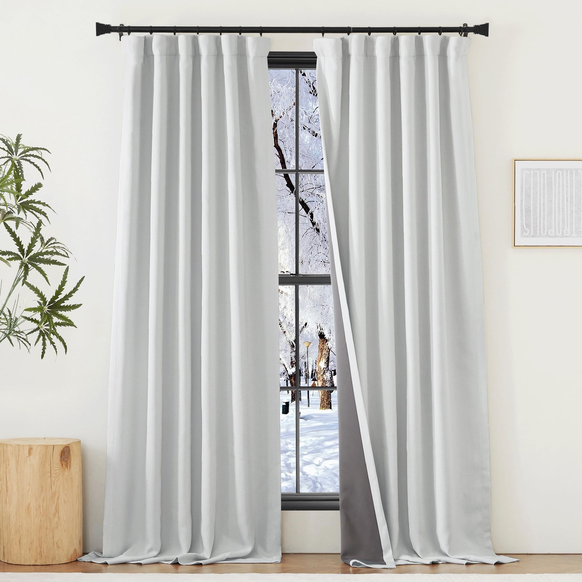 Photo 1 of NICETOWN Faux Linen Greyish White 100% Blackout Curtains for Living Room, Pinch Pleated Curtains Thick Linen Blend Thermal Window Treatments Sound & Light Reducing for Bedroom, W50 x 96, 2 Panels