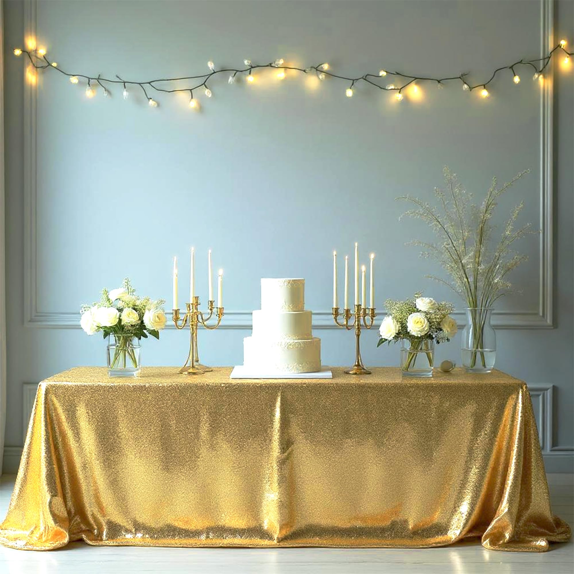 Trimming Shop 1pc Champagne Sequin Tablecloth 70" x 108" Rectangle Shiny Sequin Sparkly Tablecover for Parties Wedding Reception Banquets Birthday Baby Shower Festival Ceremony Cake Dessert Tablecloth
