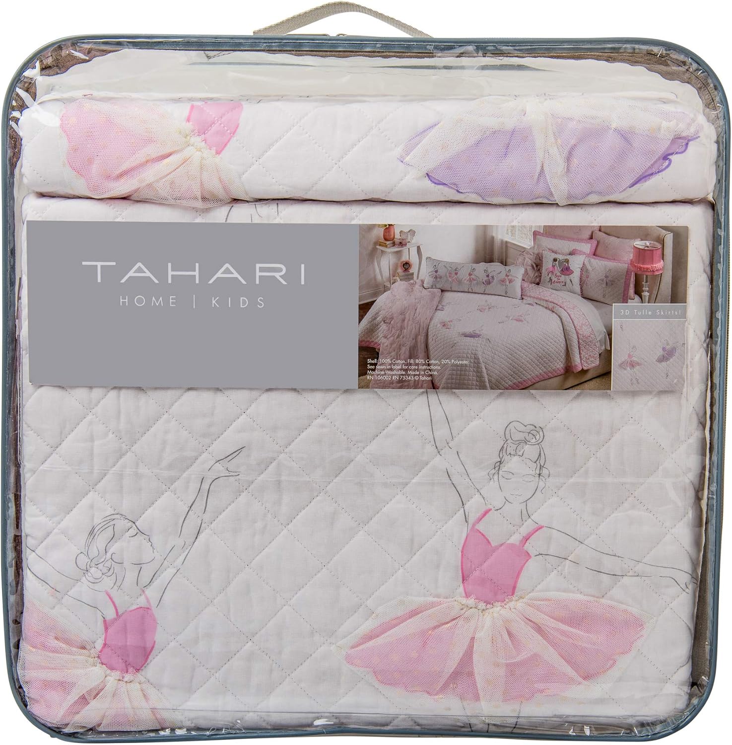 Tahari Pretty Dancing Ballerinas Ballet Class Pastel 3D Tulle Skirts Twin Cotton Quilt Set Pink Purple on White Background