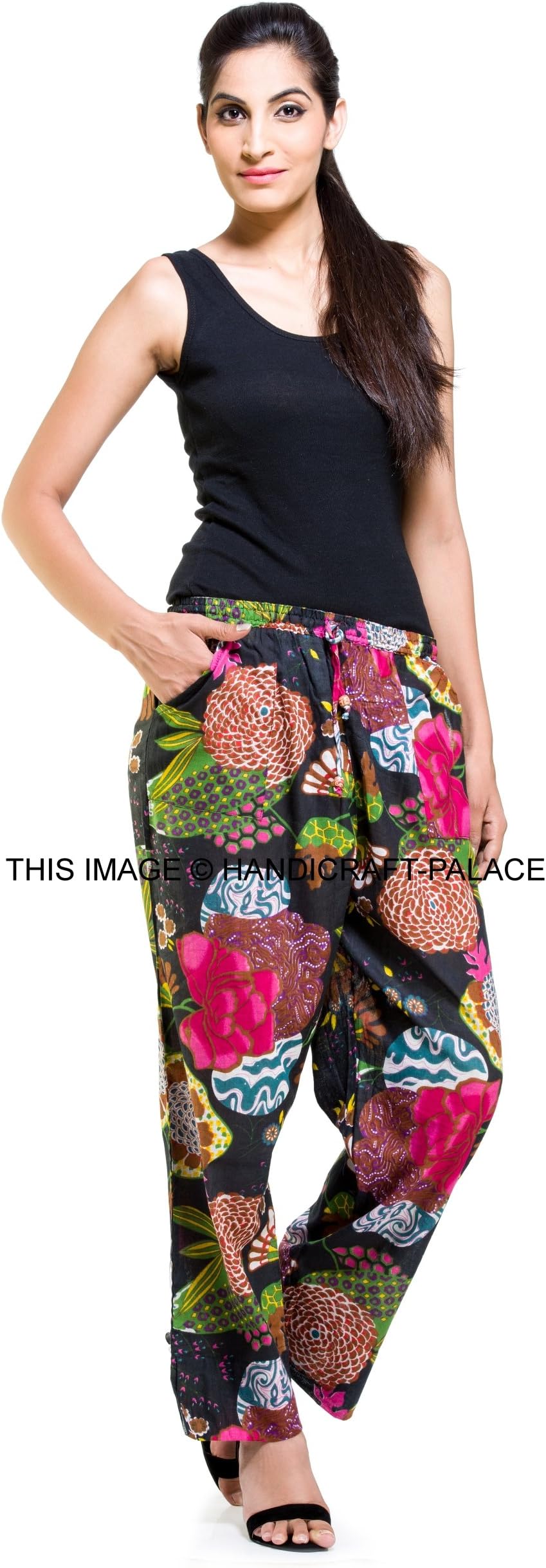 HandicraftsPalace Women's Basic Casual Loose Fitting Yoga Cotton Pants Workout Black Floral Print Indian Harem