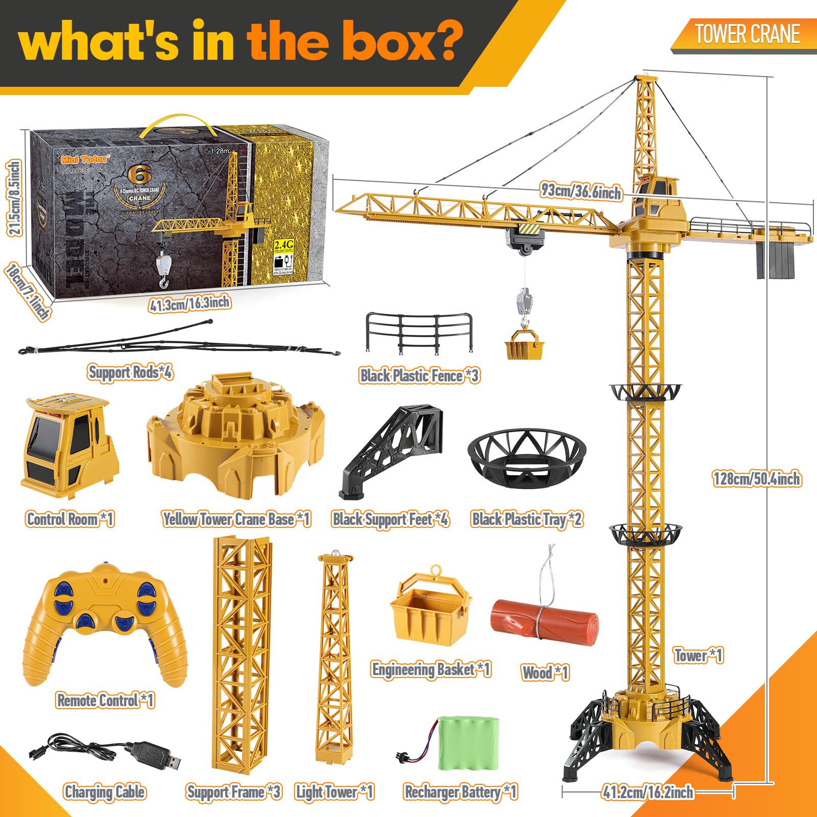 Mini Tudou 128 cm hohe 2,4 Hz Ferngesteuerte Turmkran,6 Kanäle Radio Kontrolle Konstruktion RC Kran Spielzeug 680 Grad Rotation Aufzug Model mit Turm Licht und Geräusche für Kinder Junge 6