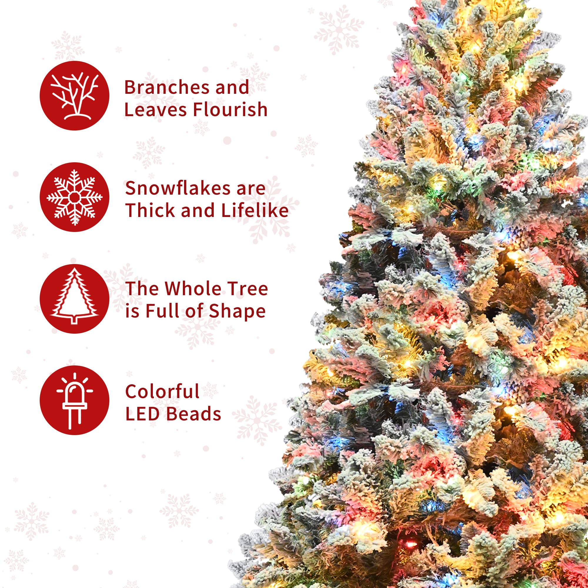 7FT Pre-Lit Christmas Tree with 500 Multicolor Lights, Realistic Snow Flocked Artificial Pine Trees with Pine Cones & Premium PVC, Sturdy Foldable Metal Stand, Easy Assembly Hinged Design