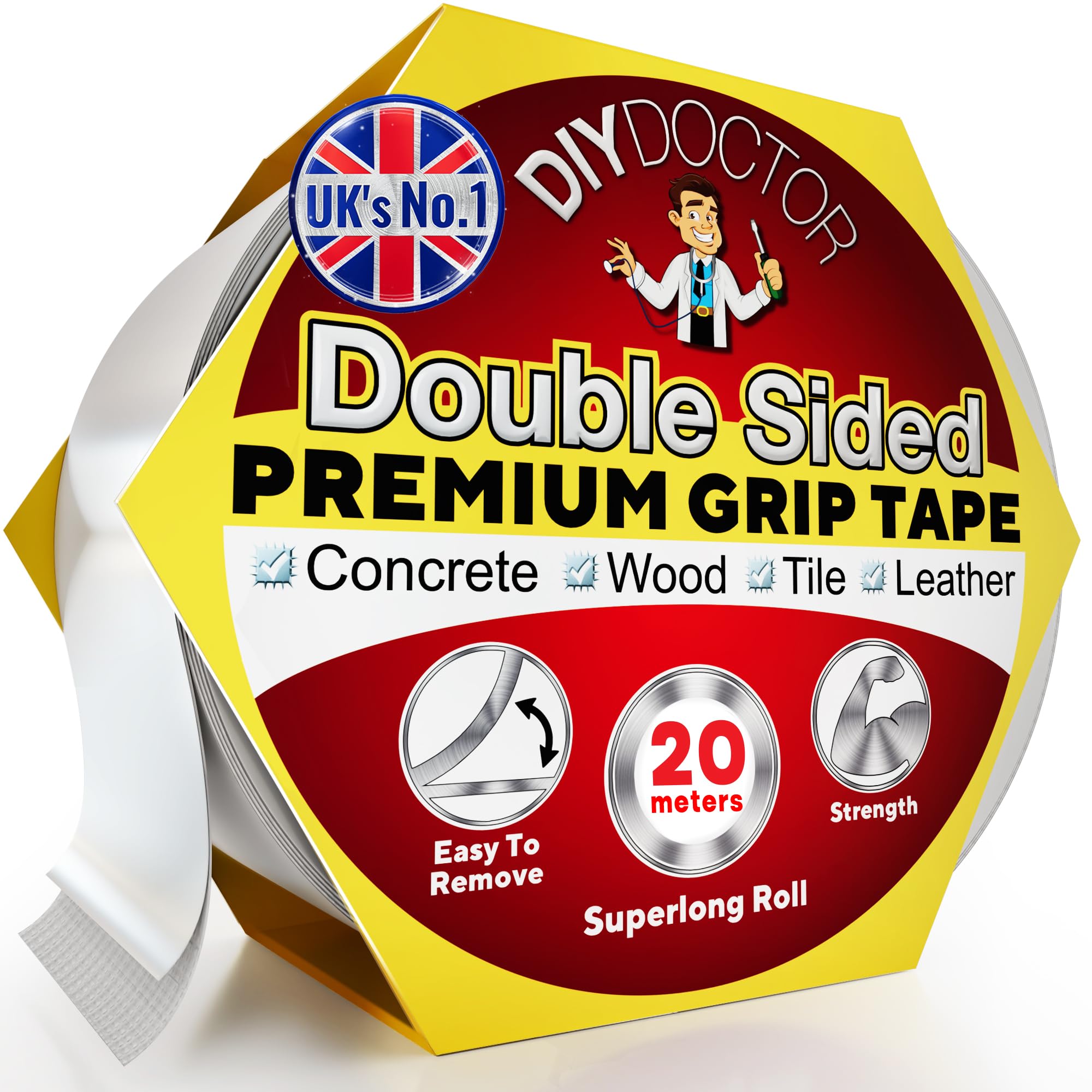 DIY Doctor Double Sided Carpet Tape Heavy Duty, 1 Pack (20 Meters x 21mm), No Residue Extra Strong Sticky Rug Grip Tape, Carpet Grippers for Rugs