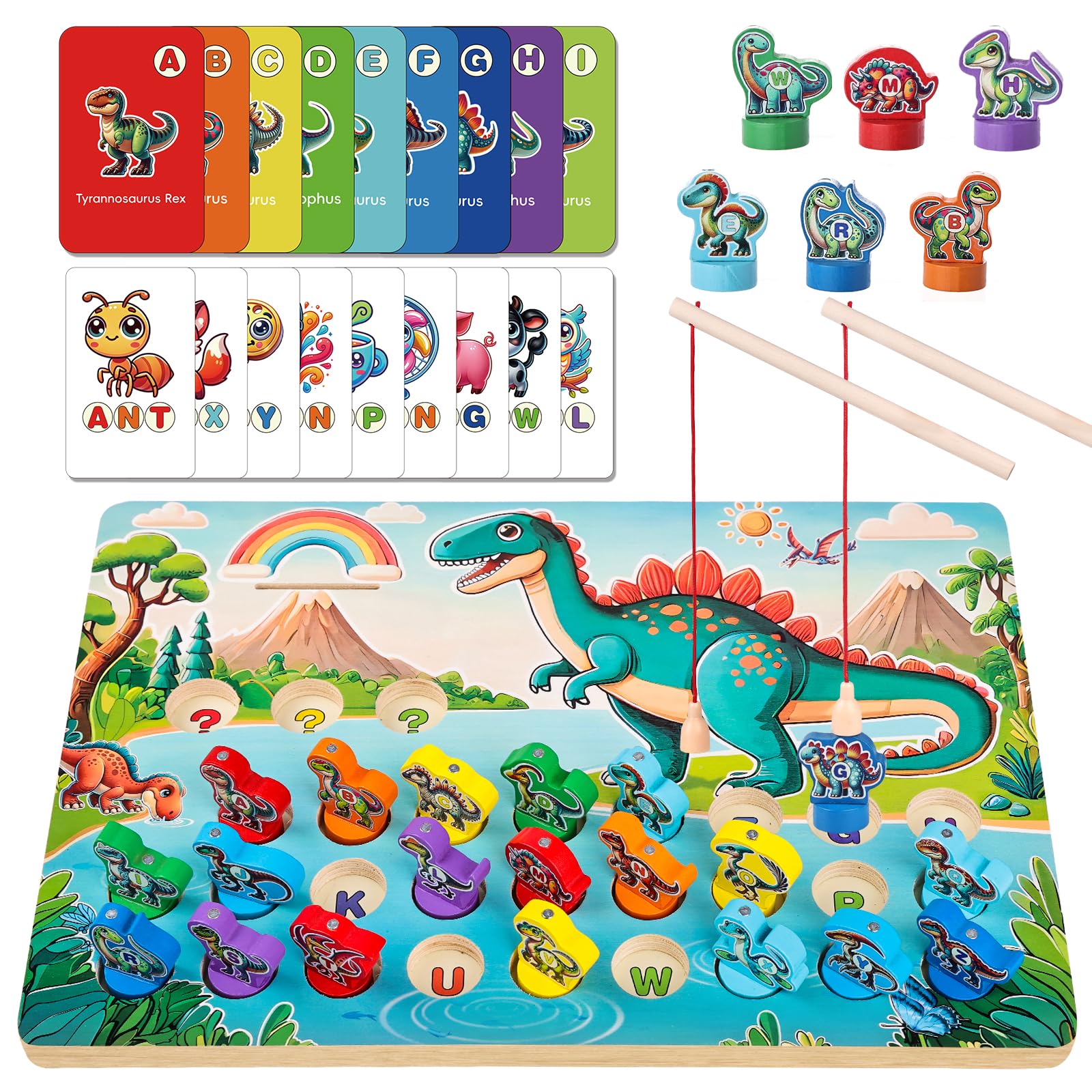 Photo 1 of Mailuren Wooden Dinosaur Magnetic Fishing Game for Toddlers Ages 3-5 with 2 Pods, ABC Alphabet Learning Toy with Spelling Cards, Preschool Educational Montessori Toys, Gift for Boy Girl