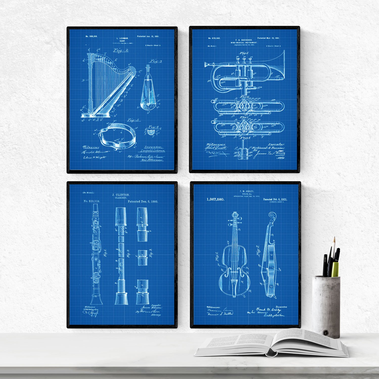 Nacnic BLUE - Pack of 4 sheets with patents musical instruments. Set posters with inventions and old patents. Choose the color you like. Printed on 250 grams
