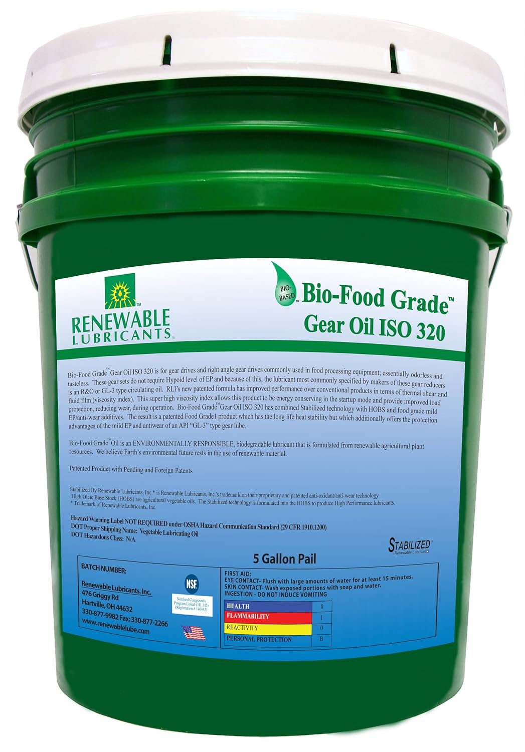 Renewable Lubricants Bio-Food Grade ISO 320 Gear Oil, 5 Gallon Pail