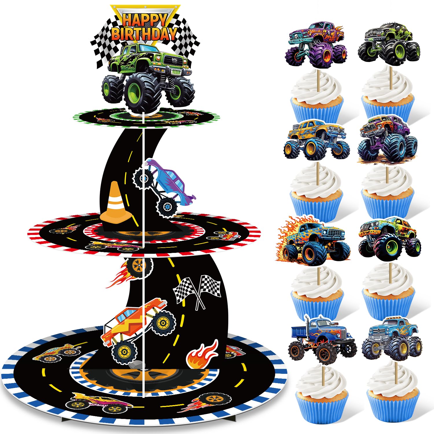 Photo 1 of 3-tier Truck Party Decorations Cupcake Stand, 24pcs Truck Cupcake Toppers, Racing Car Cake Table Dessert Tower Decorations for Kids Boys Birthday Party