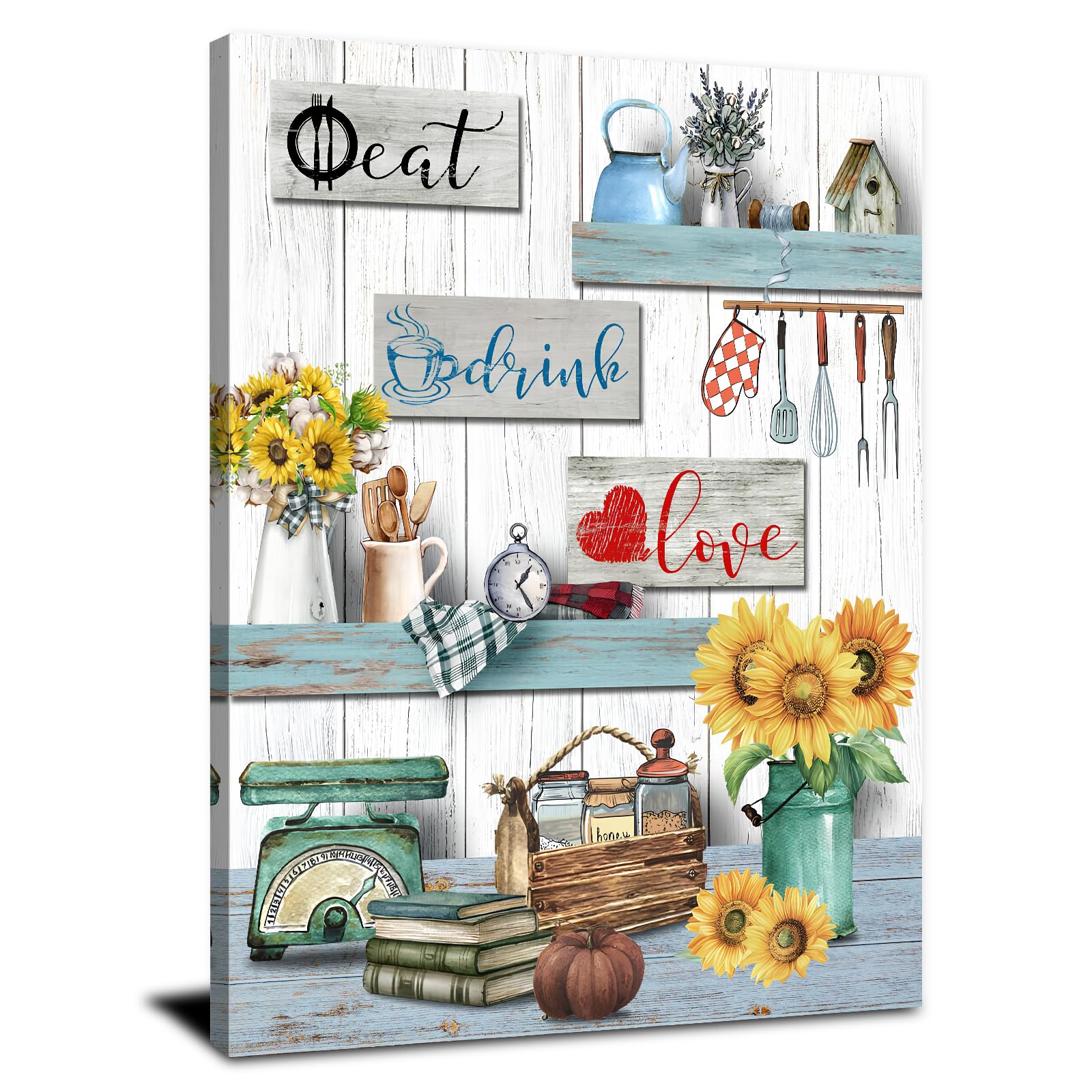 AIYISU Kitchen Wall Art Kitchen Pictures for Wall Decor Eat Drink Love Sign Canvas Pictures for Dining Room Rustic Farmhouse Wall Painting Sunflower Poster Artwork Restaurant Home Decorations 30x40cm