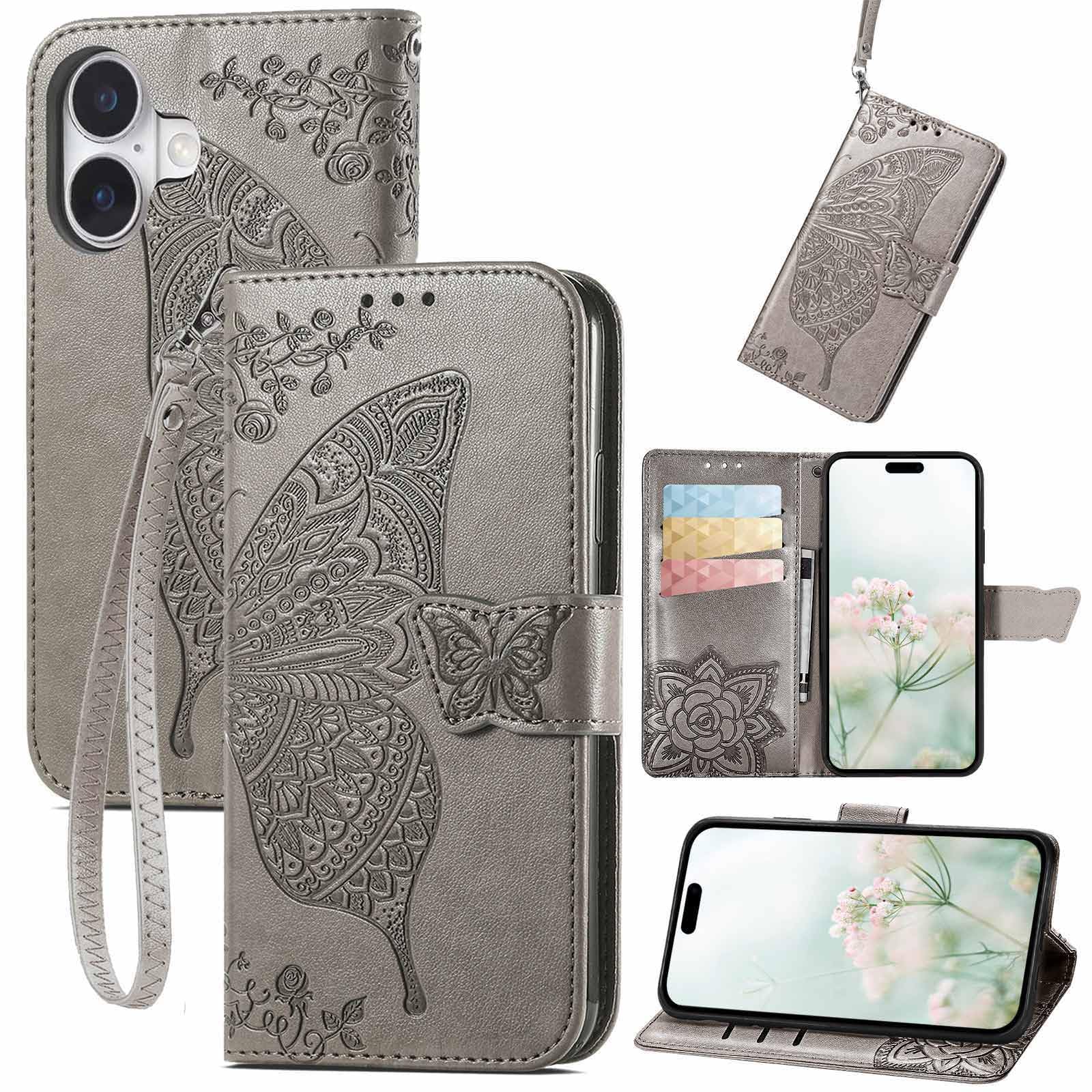 KRHGEIK for iPhone 17 Wallet Case for Women,Butterfly Embossed Flip Folio PU Leather Stand Card Holder Slots Phone Protective Cover 6.3" (Gray)