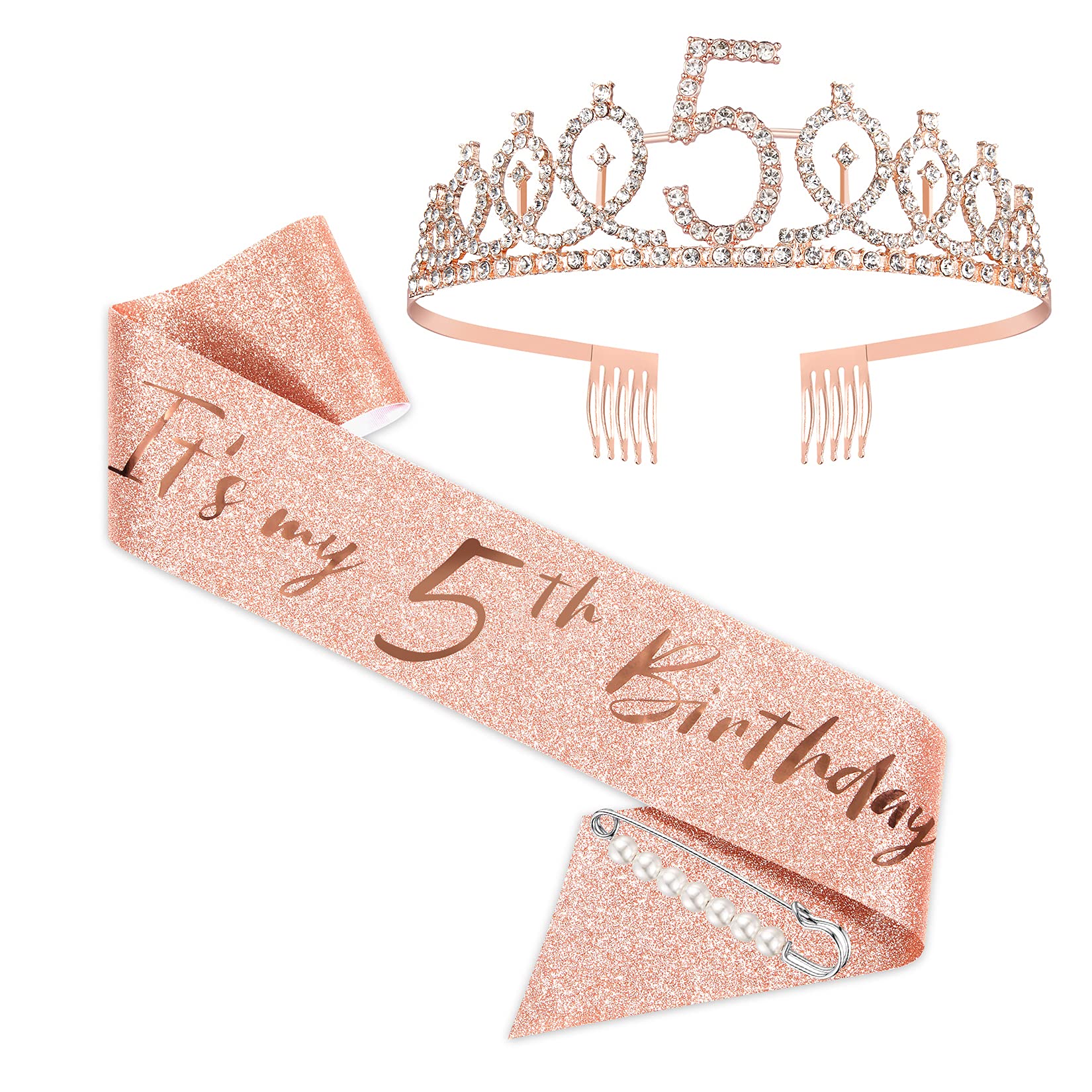 SZHUIHER 5th Birthday Sash and Tiara for Girls, Rose Gold Birthday Sash Crown 5 & Fabulous Sash and Tiara for Girls, 5th Birthday Gifts for Happy 5th Birthday Party Favor Supplies