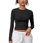 kayamiya Women's Basic Long Sleeve Cotton Shirts Tight Fit Fall Crewneck Trendy Y2K Crop Tops