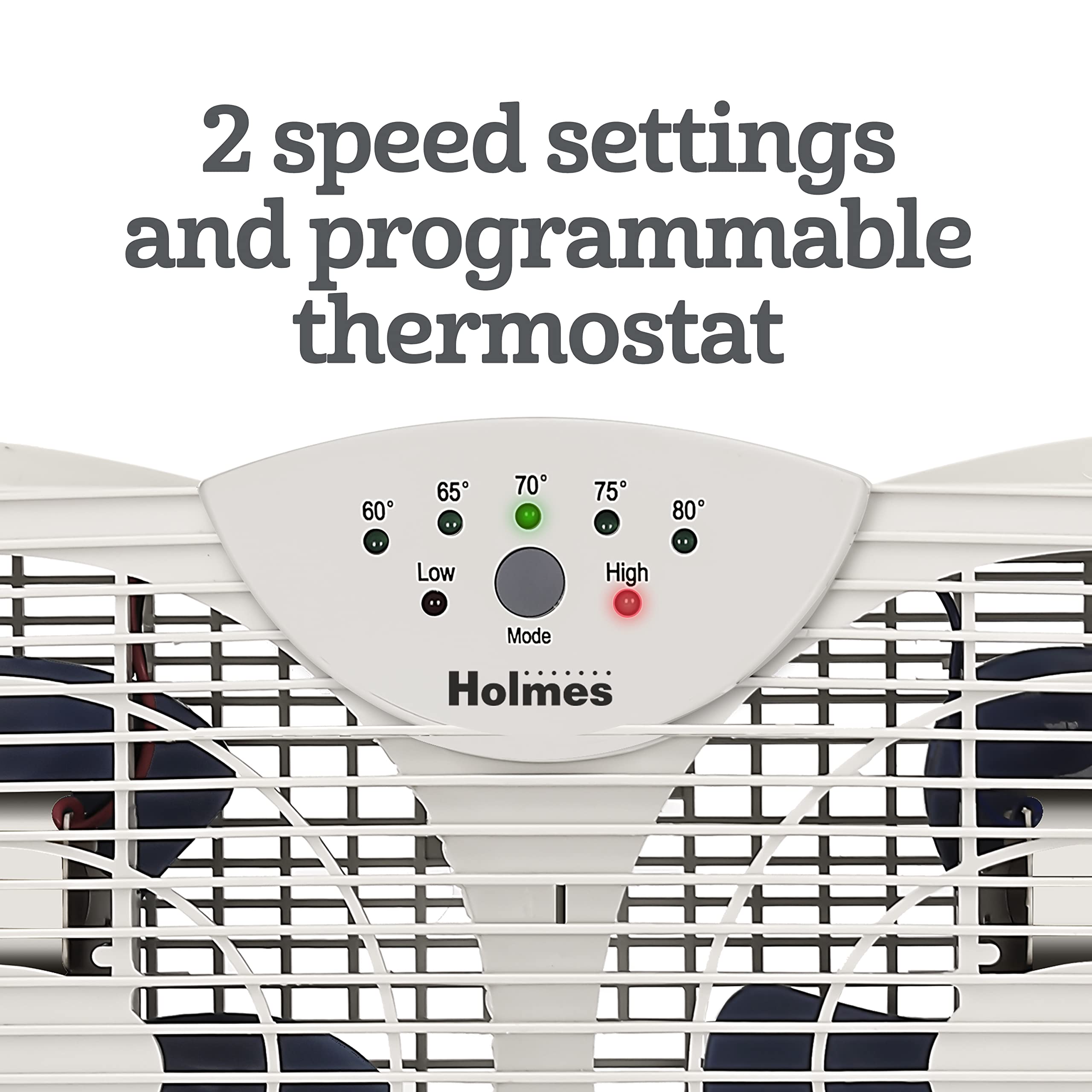 HOLMES Dual Blade Digital Window Fan with Programmable Thermostat Control, Dual 3 Blade Fans, 2 Speeds, Expandable Side Panel with Additional Extender Panels, White