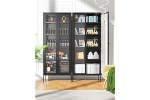 Greenvelly Metal Storage Cabinet, Black Display Curio Glass Storage Cabinet with Glass Doors and 4 Shelves, Tall Bookcase Modern Bookshelf Cabinet for Home Office, Living Room, Pantry