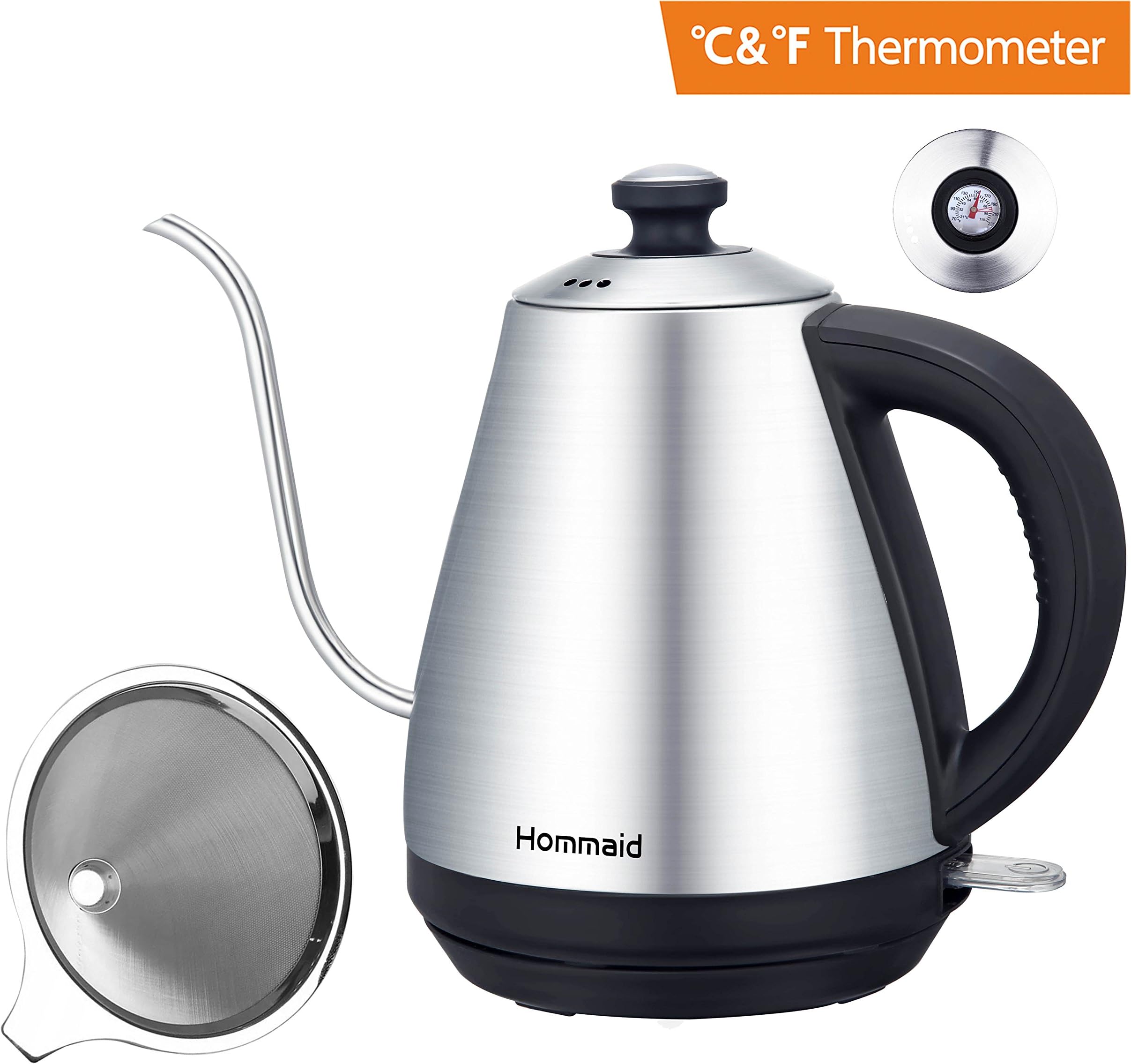 Pour Over Kettle and Coffee Filter Combo Pack, Hommaid 1.0L Stainless Steel, Built-in Thermometer,Quick Boiling, Auto Shutoff with Strix Controller, with Double Layered, Paperless Filter